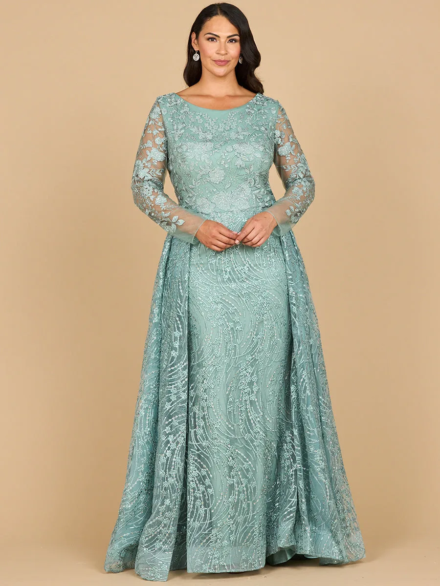 Long Sleeve Gown with Overskirt & Illusion Neckline by Lara New York — style 28883 in Sage