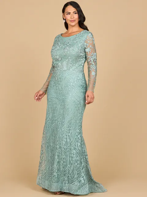 Long Sleeve Gown with Overskirt &amp; Illusion Neckline