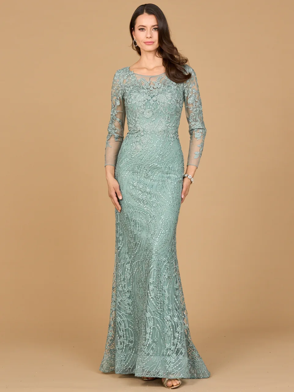 Long Sleeve Gown with Overskirt & Illusion Neckline by Lara New York — style 28883