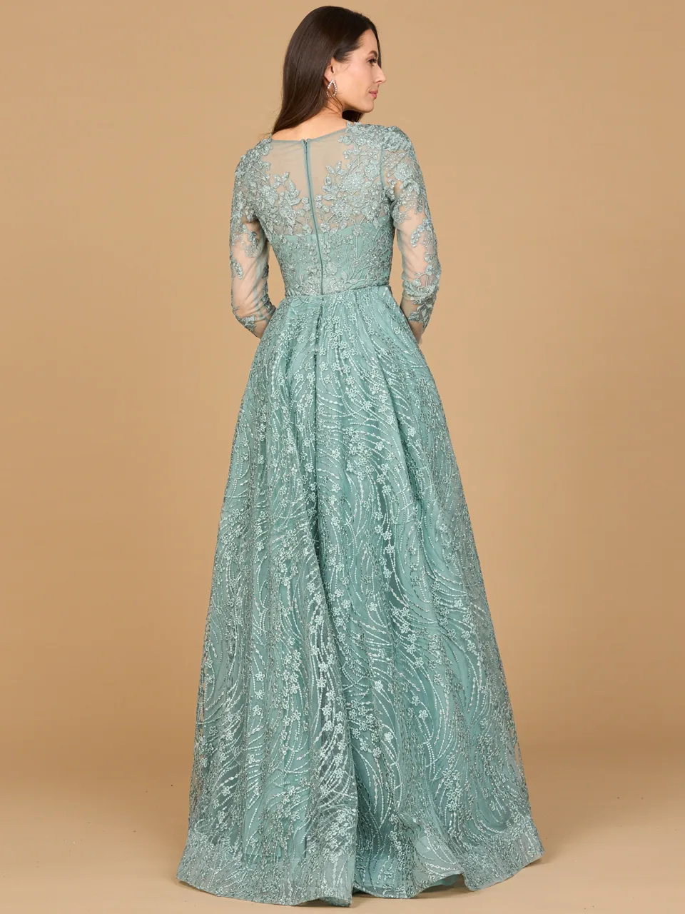 Long Sleeve Gown with Overskirt & Illusion Neckline by Lara New York — style 28883