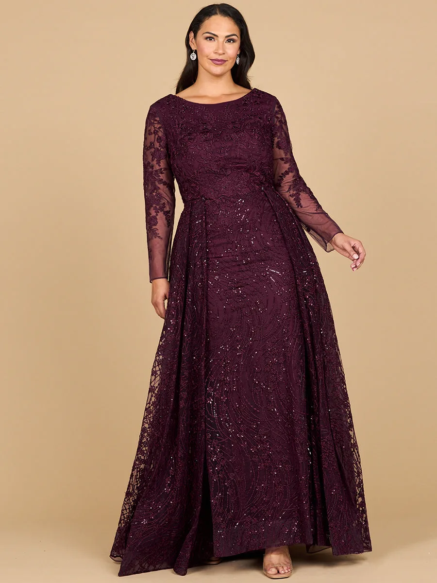 Long Sleeve Gown with Overskirt & Illusion Neckline by Lara New York — style 28883 in Wine