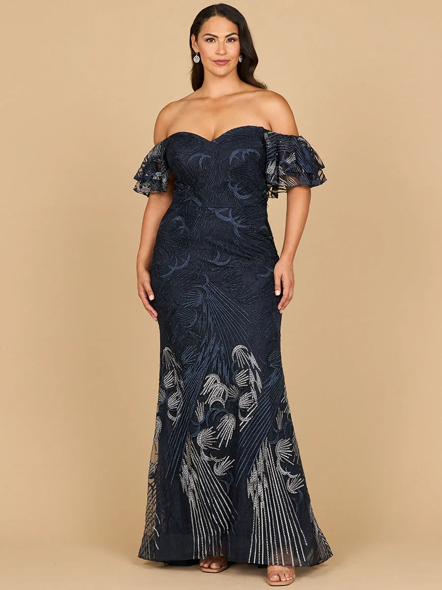 Off Shoulder Mermaid Lace Gown by Lara New York — style 28884 in Navy Ombre