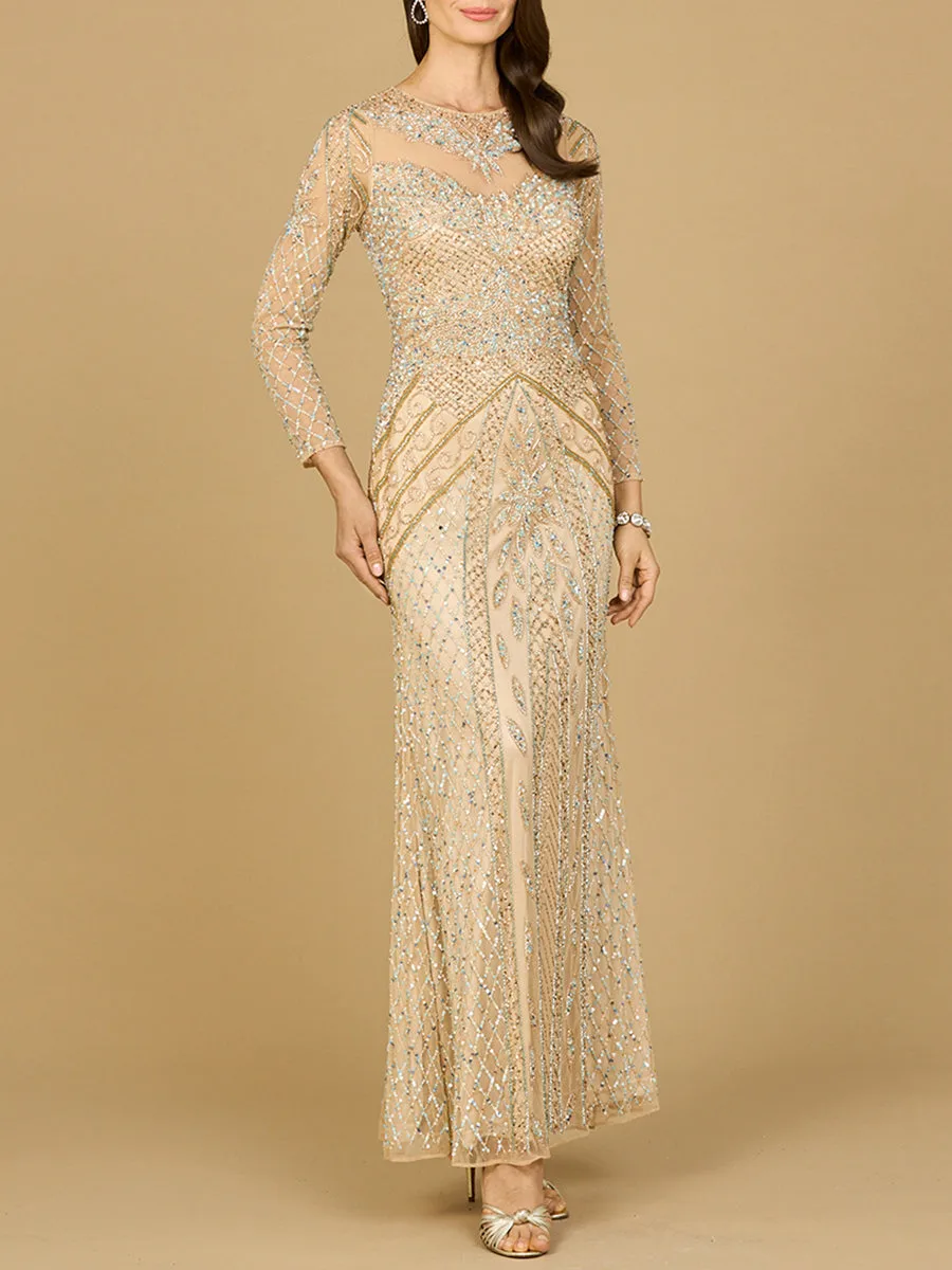 Illusion Neck, Long Sleeve Beaded Gown by Lara New York — style 28893 in Nude/Multi