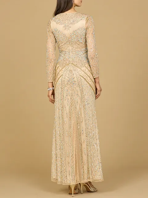 Illusion Neck, Long Sleeve Beaded Gown