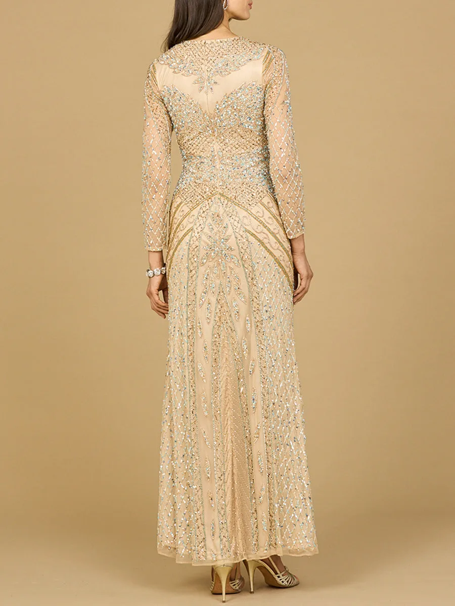 Illusion Neck, Long Sleeve Beaded Gown by Lara New York — style 28893