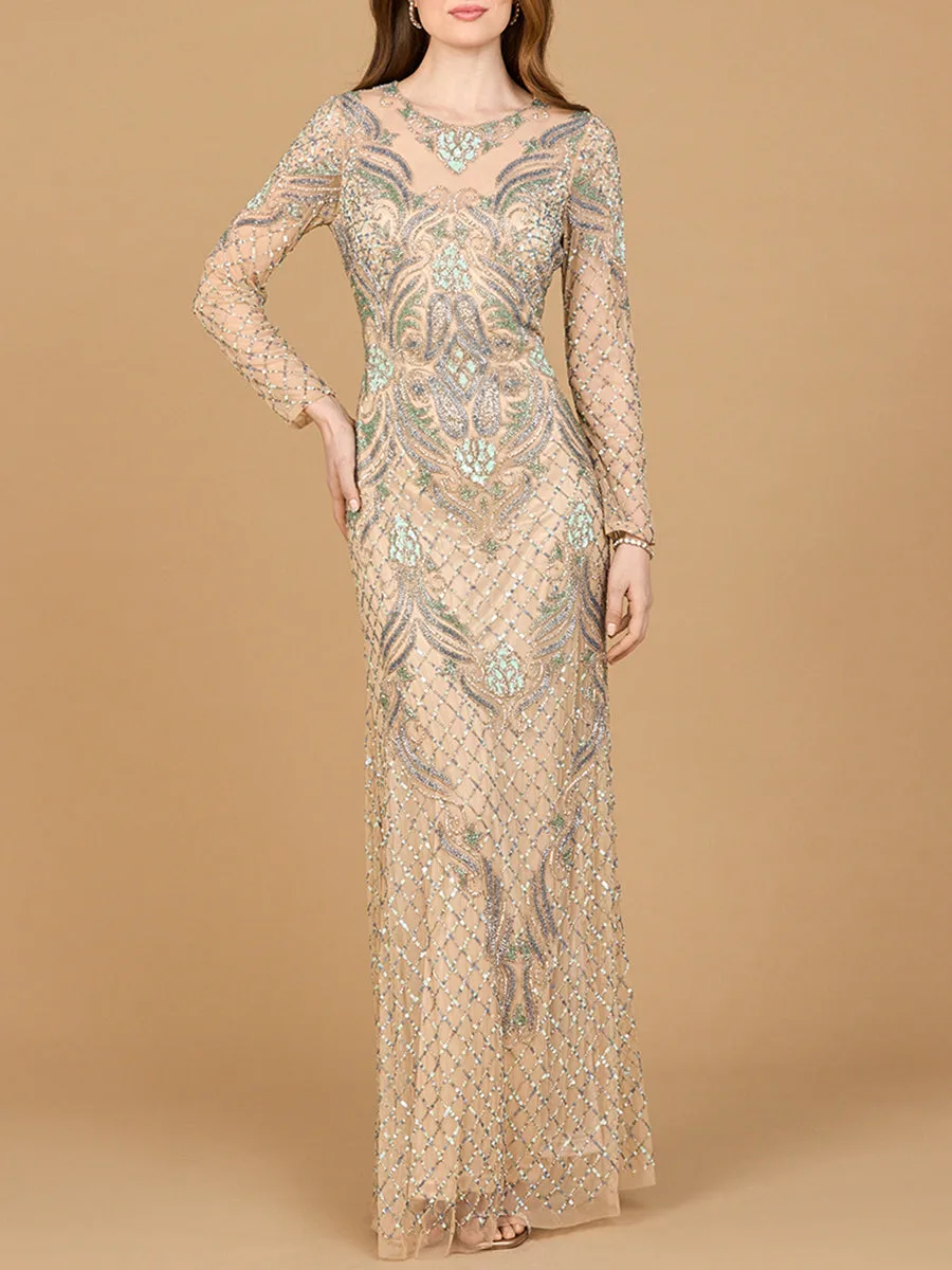 Long Sleeve Beaded Gown by Lara New York — style 28895 in Nude/Multi