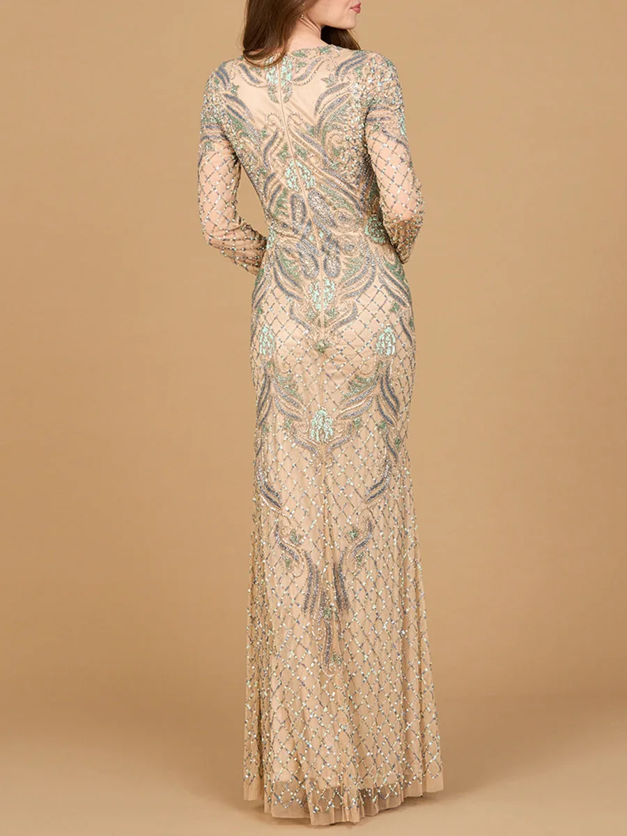 Long Sleeve Beaded Gown by Lara New York — style 28895