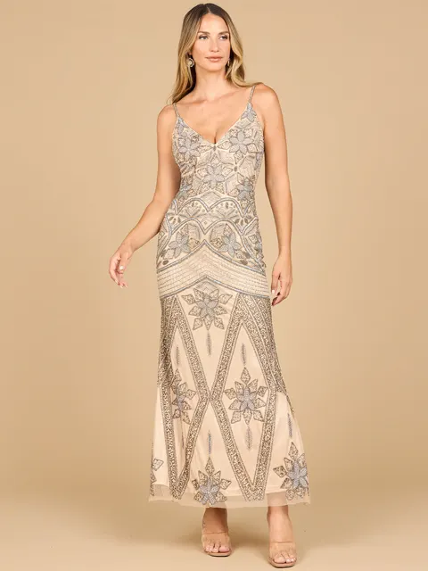 Contrast Beaded V-Neck Fitted Gown