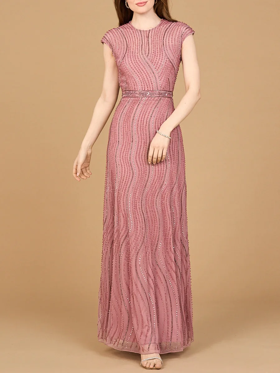 Cap Sleeve, Illusion Neck Beaded Gown by Lara New York — style 28898 in Dusty Lilac
