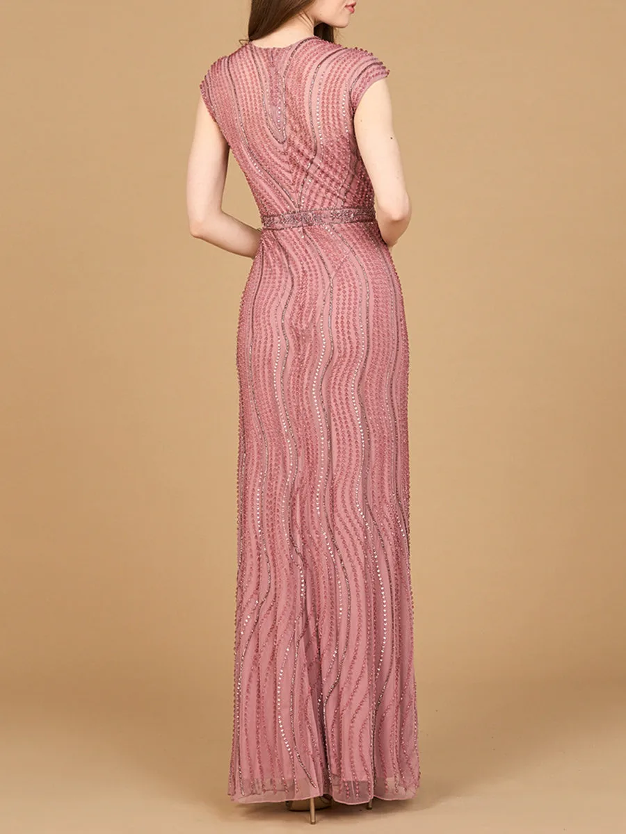 Cap Sleeve, Illusion Neck Beaded Gown by Lara New York — style 28898