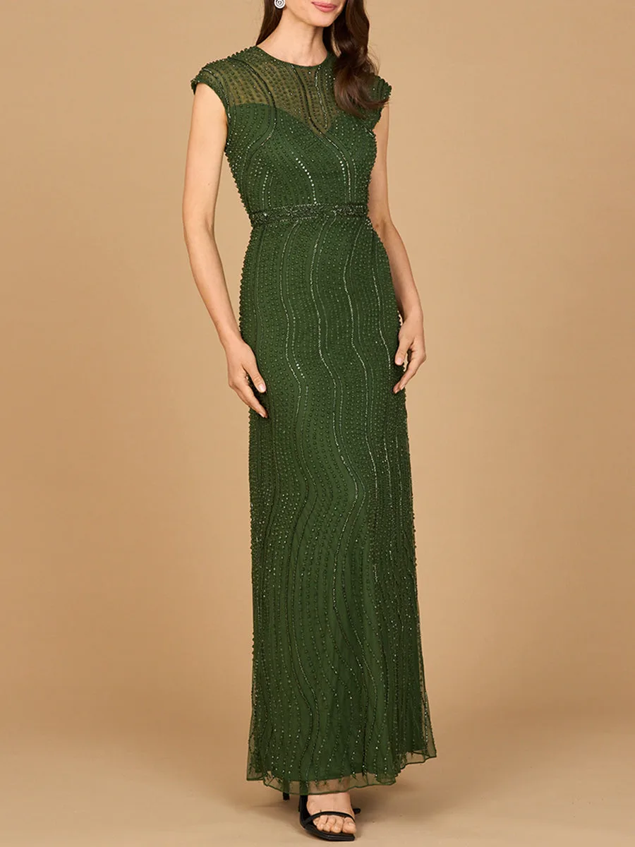 Cap Sleeve, Illusion Neck Beaded Gown by Lara New York — style 28898 in Emerald Green
