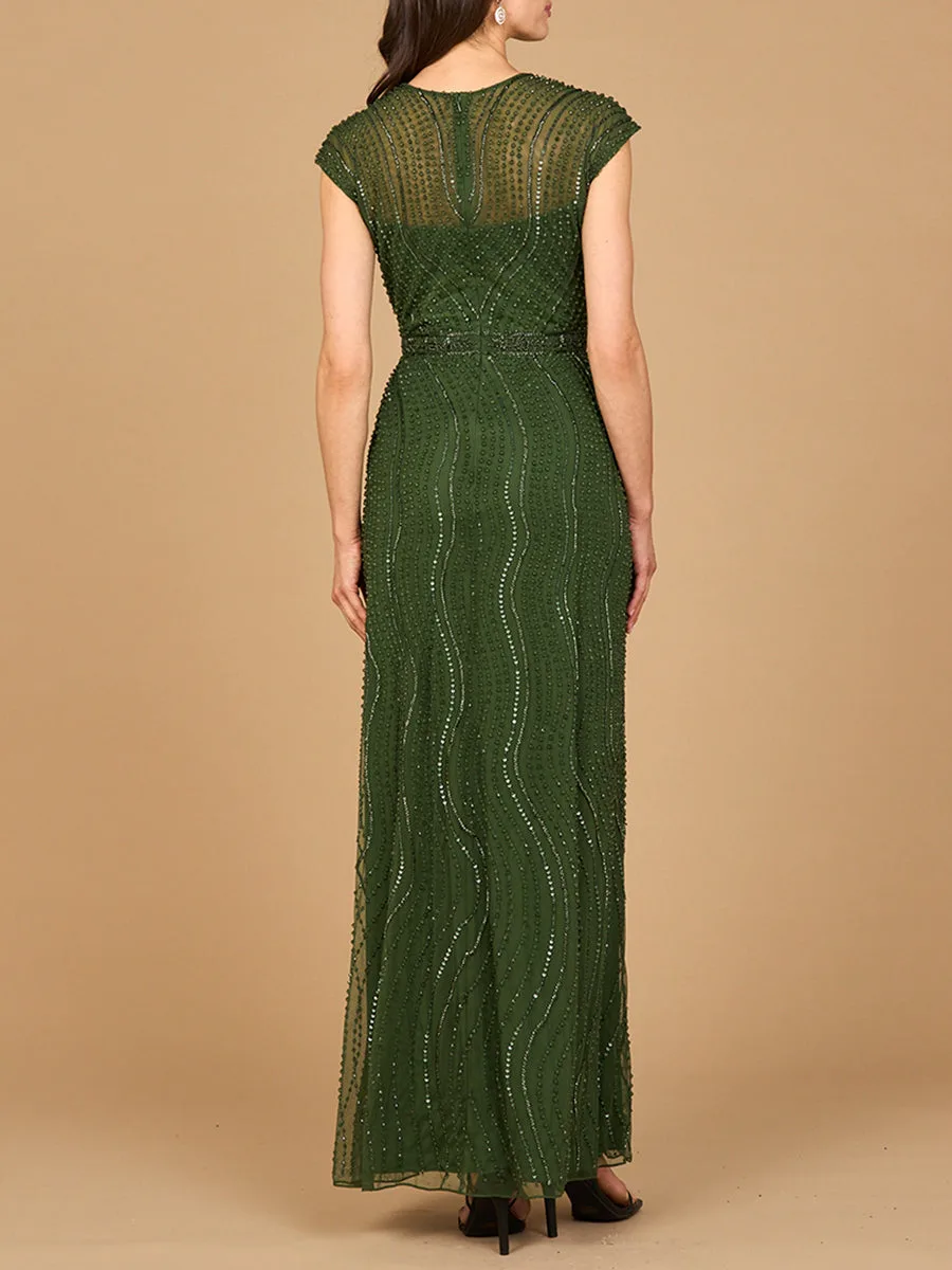Cap Sleeve, Illusion Neck Beaded Gown by Lara New York — style 28898
