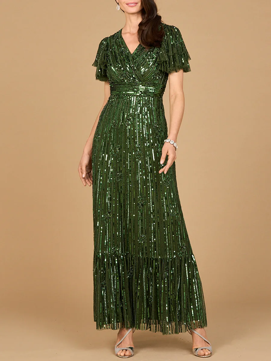 Elegant Beaded Gown with Flutter Sleeves by Lara New York — style 28899 in Emerald Green