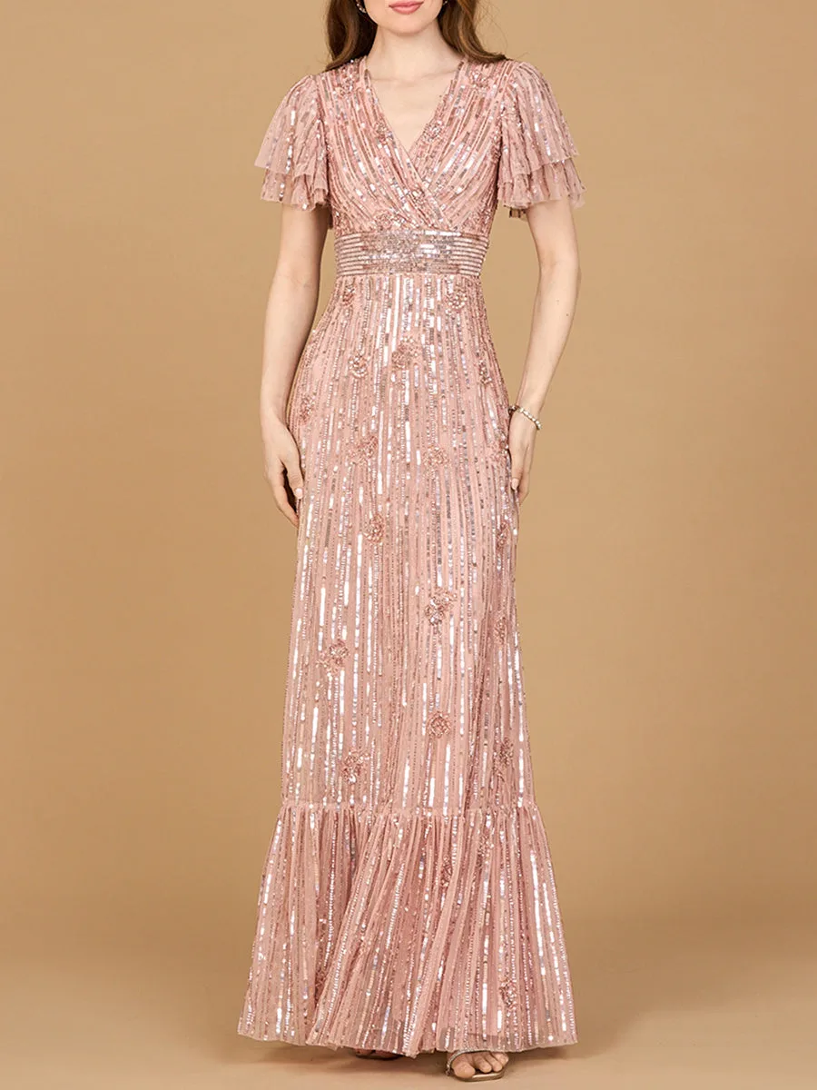 Elegant Beaded Gown with Flutter Sleeves by Lara New York — style 28899 in Rose