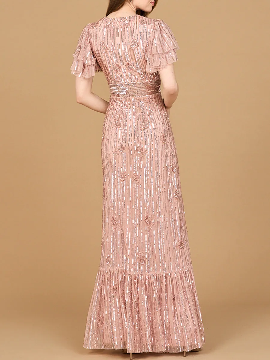 Elegant Beaded Gown with Flutter Sleeves by Lara New York — style 28899