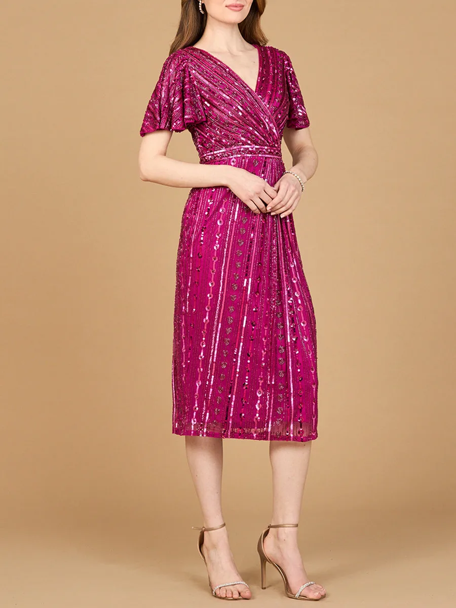 Beaded Midi Dress with Flutter Sleeves by Lara New York — style 28902 in Berry