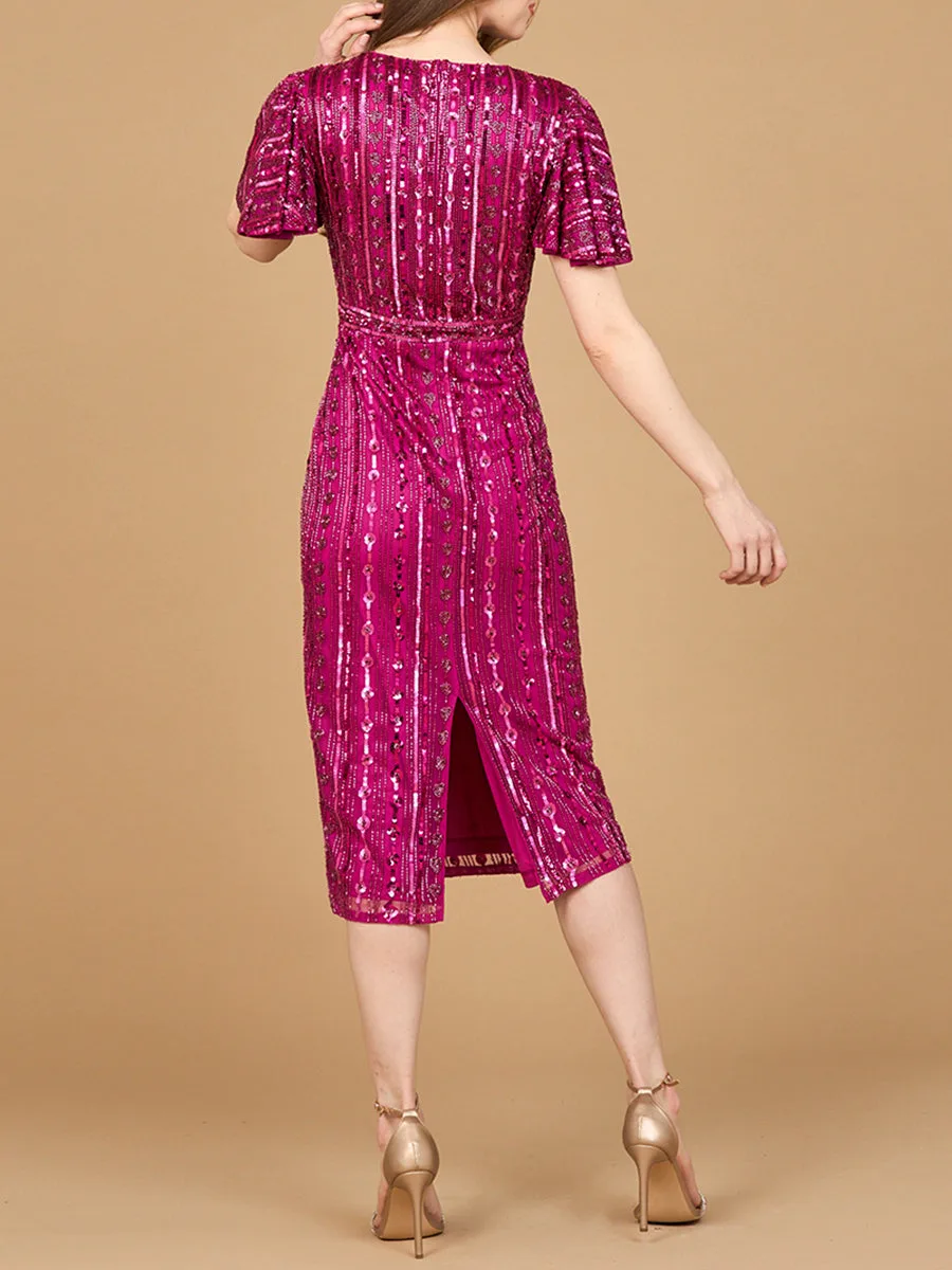 Beaded Midi Dress with Flutter Sleeves by Lara New York — style 28902