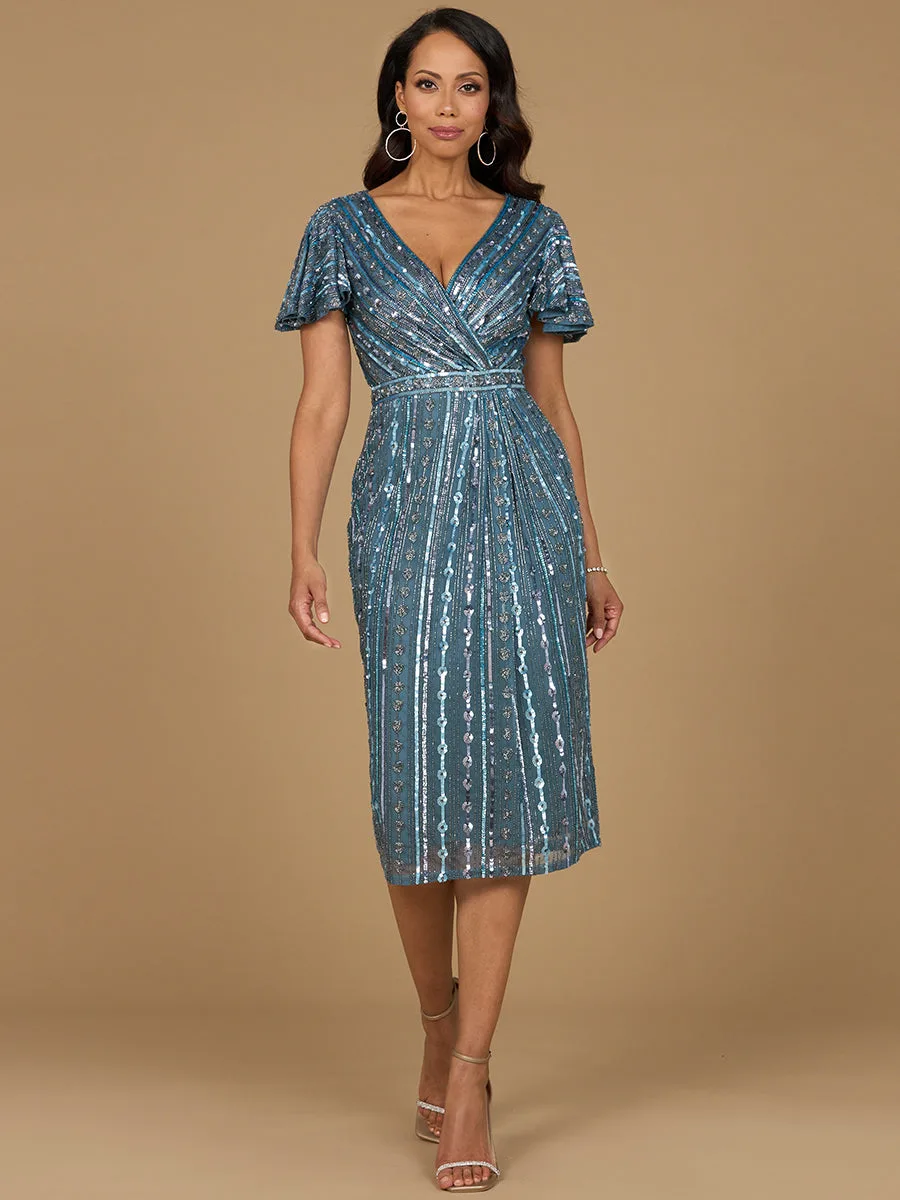 Beaded Midi Dress with Flutter Sleeves by Lara New York — style 28902 in Slate Blue