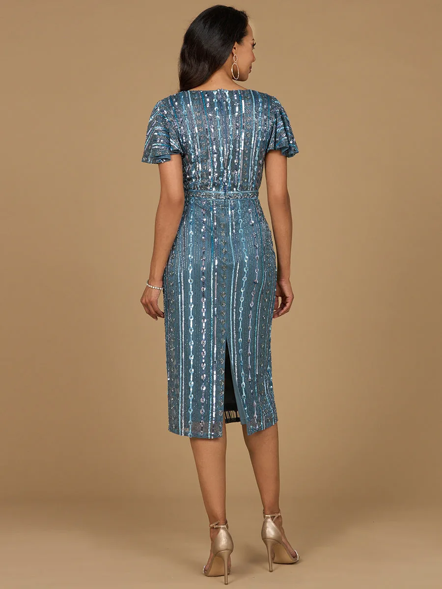 Beaded Midi Dress with Flutter Sleeves by Lara New York — style 28902