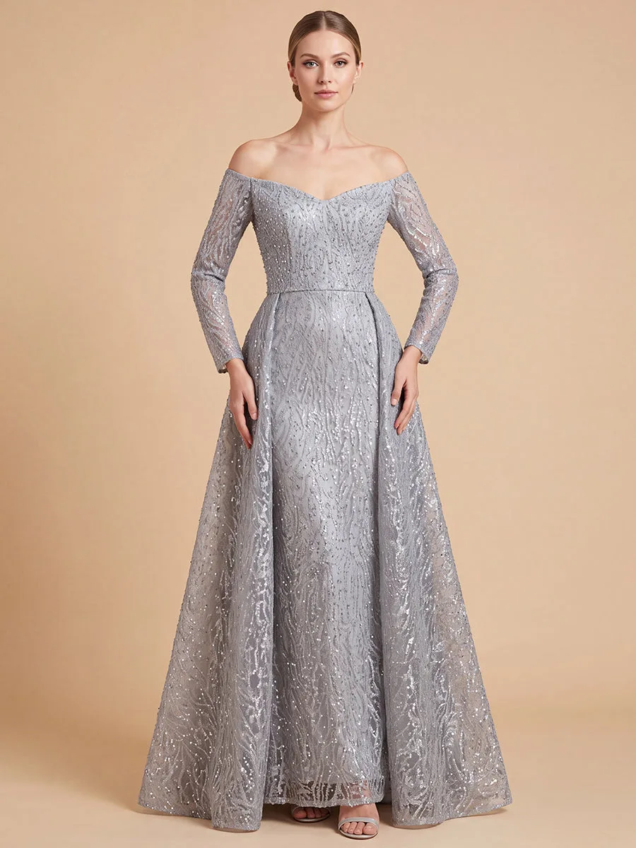 Off Shoulder Overskirt Gown by Lara New York — style 28905 in Slate