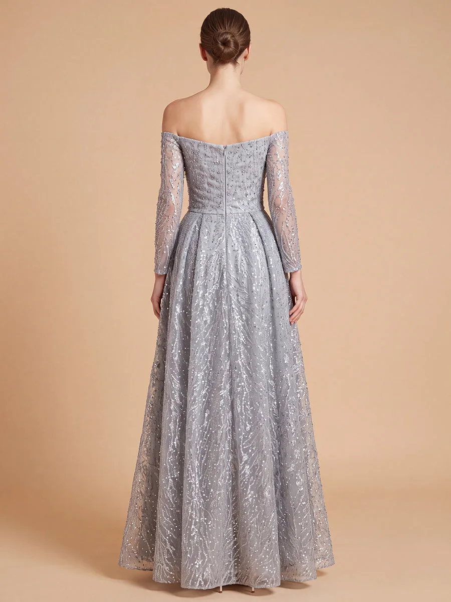 Off Shoulder Overskirt Gown by Lara New York — style 28905 in Slate