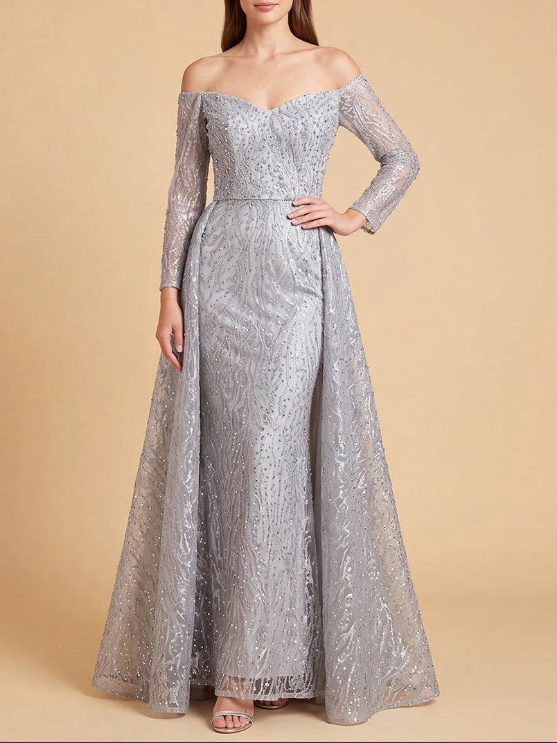 Off Shoulder Overskirt Gown by Lara New York — style 28905 in Slate
