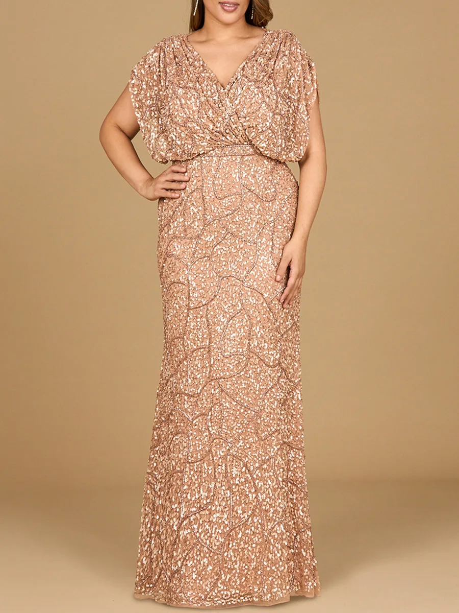 Beaded Gown with Draped Cape Sleeves by Lara New York — style 28908 in Rose gold