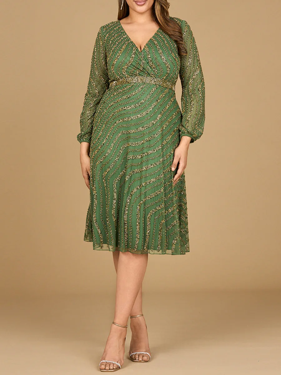 Beaded Midi Dress with Long Sleeves by Lara New York — style 28909 in Olive