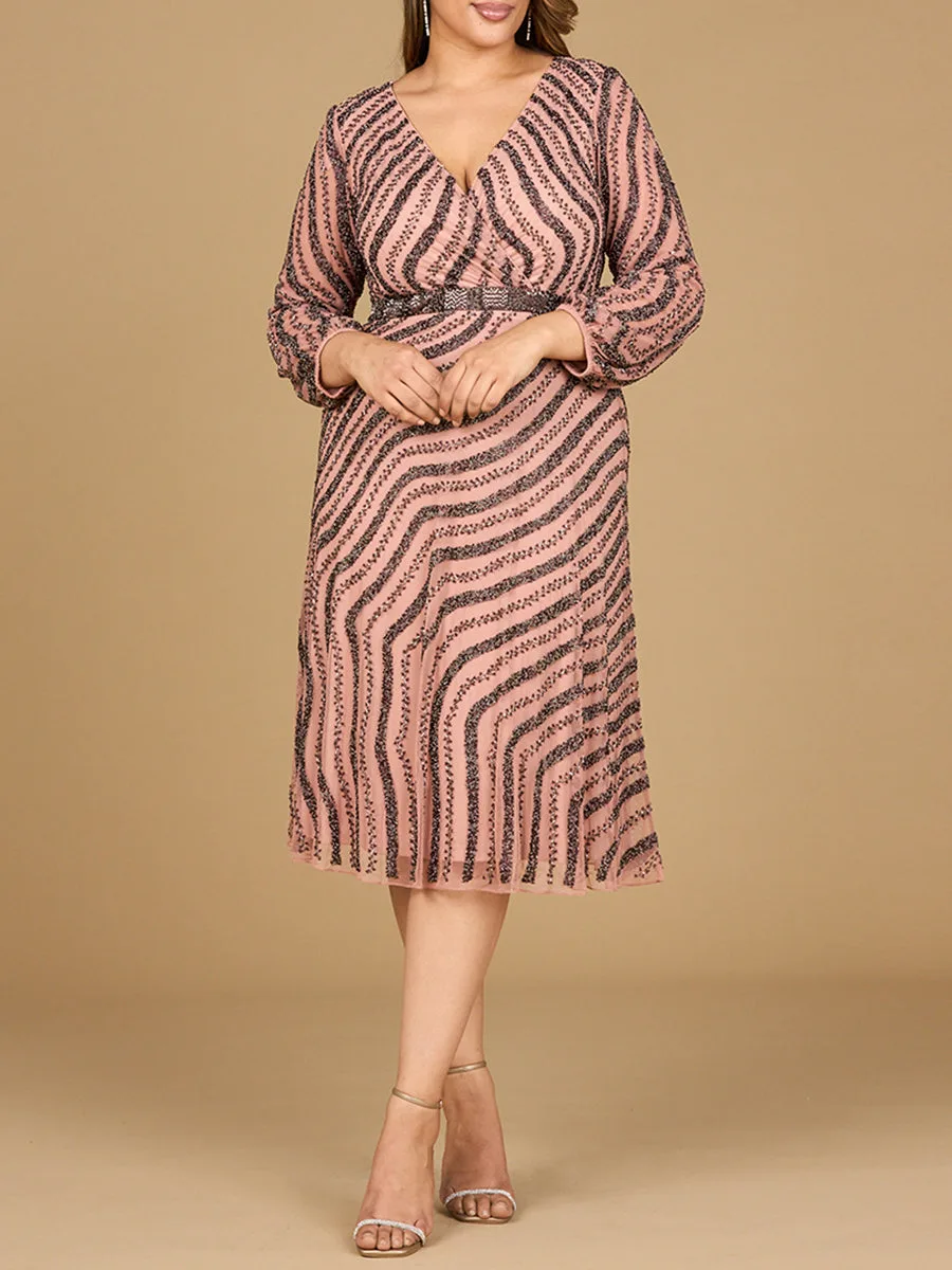 Beaded Midi Dress with Long Sleeves by Lara New York — style 28909 in Vintage Lilac