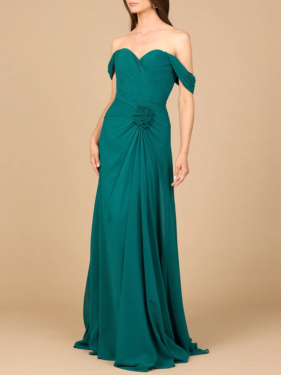 Off Shoulder Chiffon Dress by Lara New York — style 28911 in Emerald Green