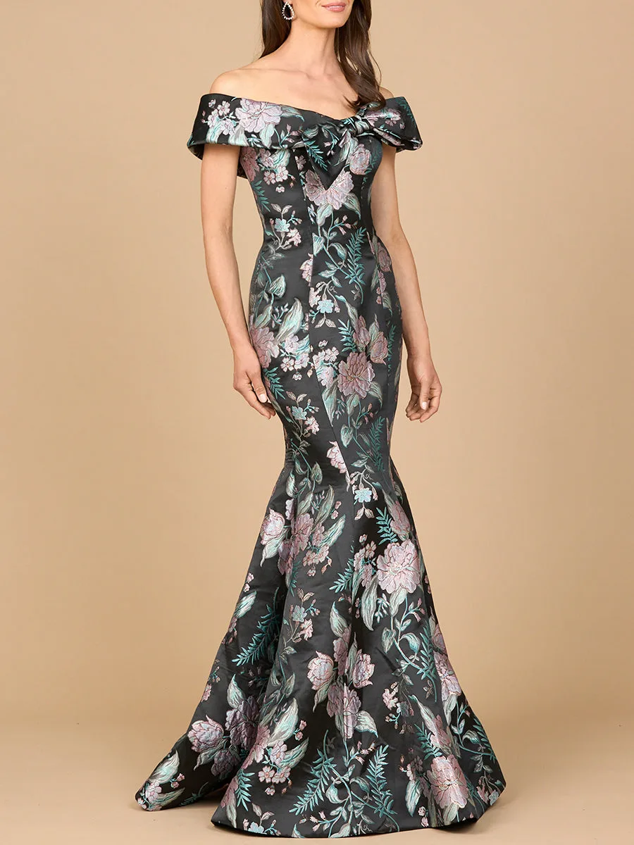 Fitted, Mermaid Brocade Gown by Lara New York — style 28919 in Black/Multi