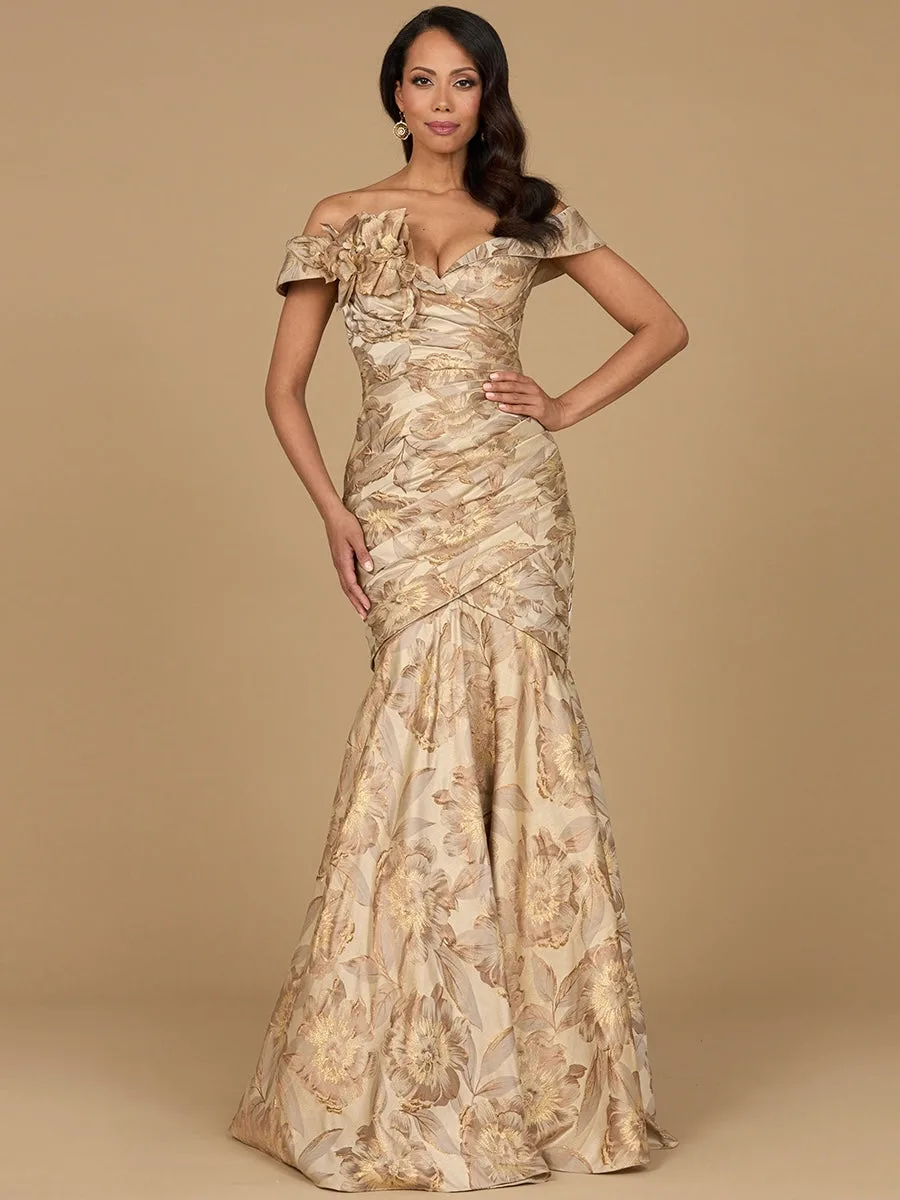 Off Shoulder Brocade Mermaid Gown by Lara New York — style 28920 in Champagne Gold