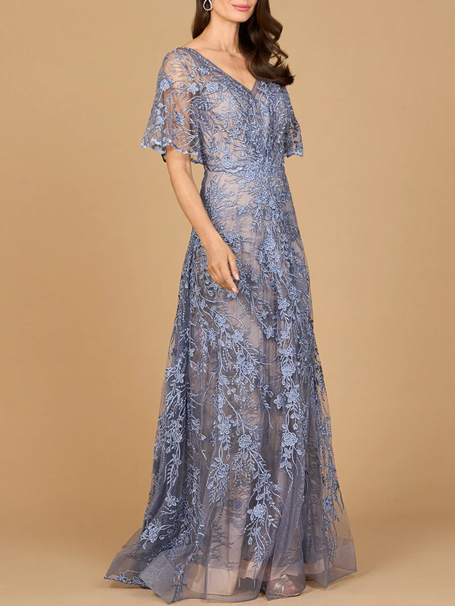 Elegant Cape Sleeve A-line Gown by Lara New York — style 28923 in Dark Periwinkle
