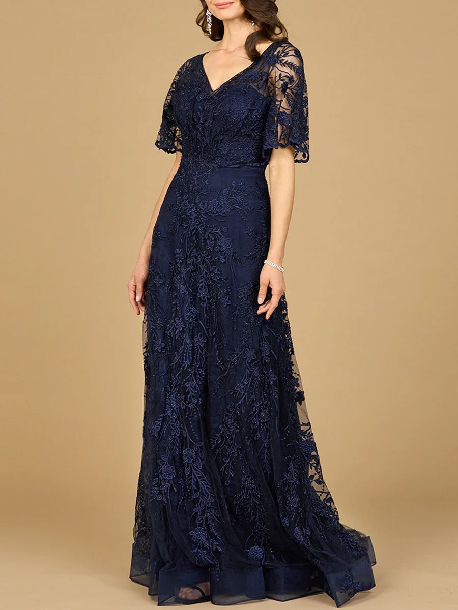 Elegant Cape Sleeve A-line Gown by Lara New York — style 28923 in Navy