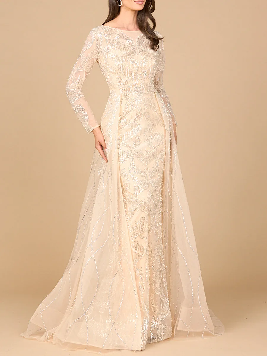 Long Sleeve Gown with Overskirt & High Neck by Lara New York — style 28933 in Champagne
