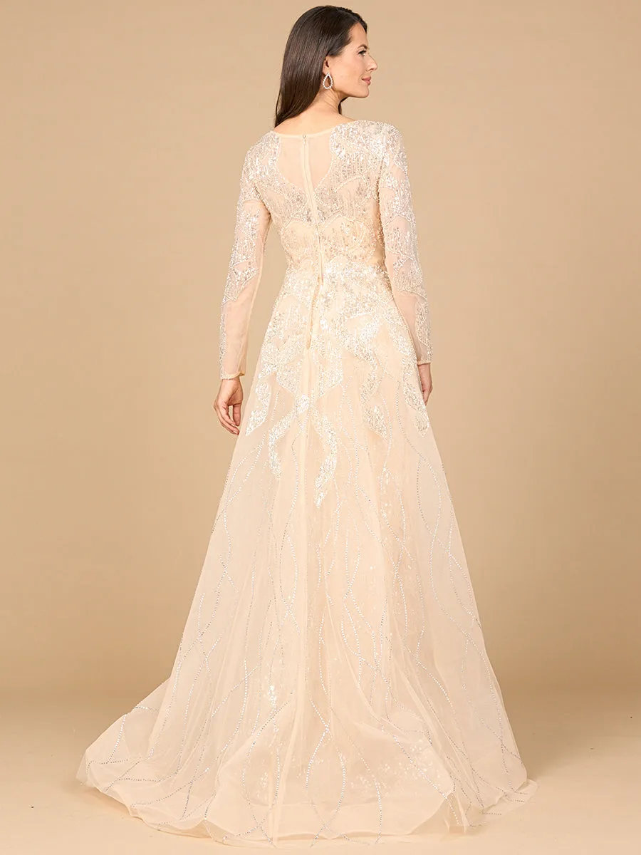 Long Sleeve Gown with Overskirt & High Neck by Lara New York — style 28933