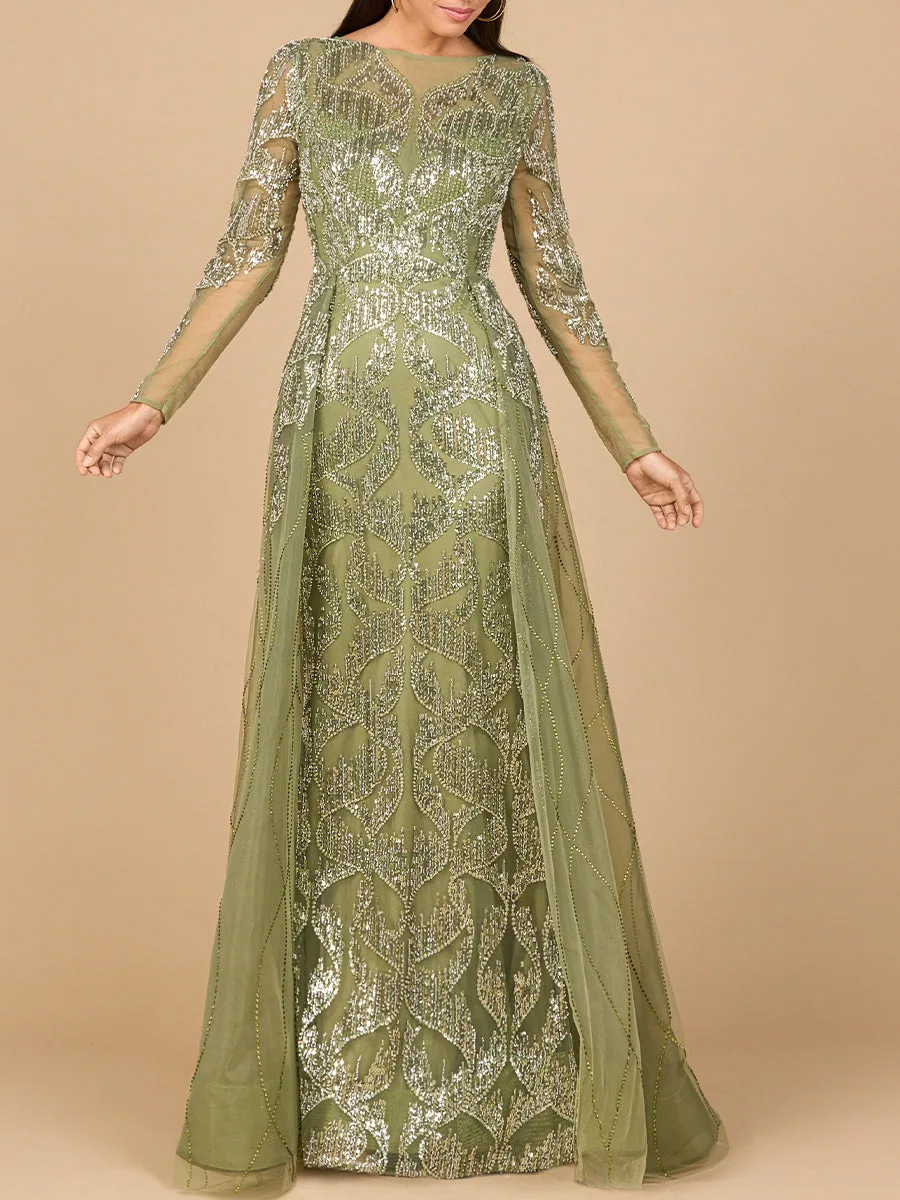 Long Sleeve Gown with Overskirt & High Neck by Lara New York — style 28933 in Olive