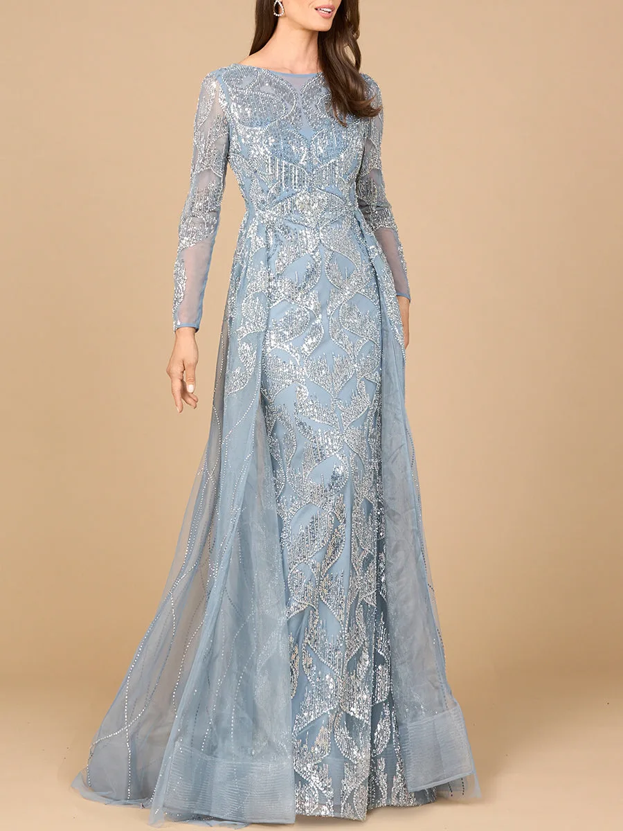 Long Sleeve Gown with Overskirt & High Neck by Lara New York — style 28933 in Slate
