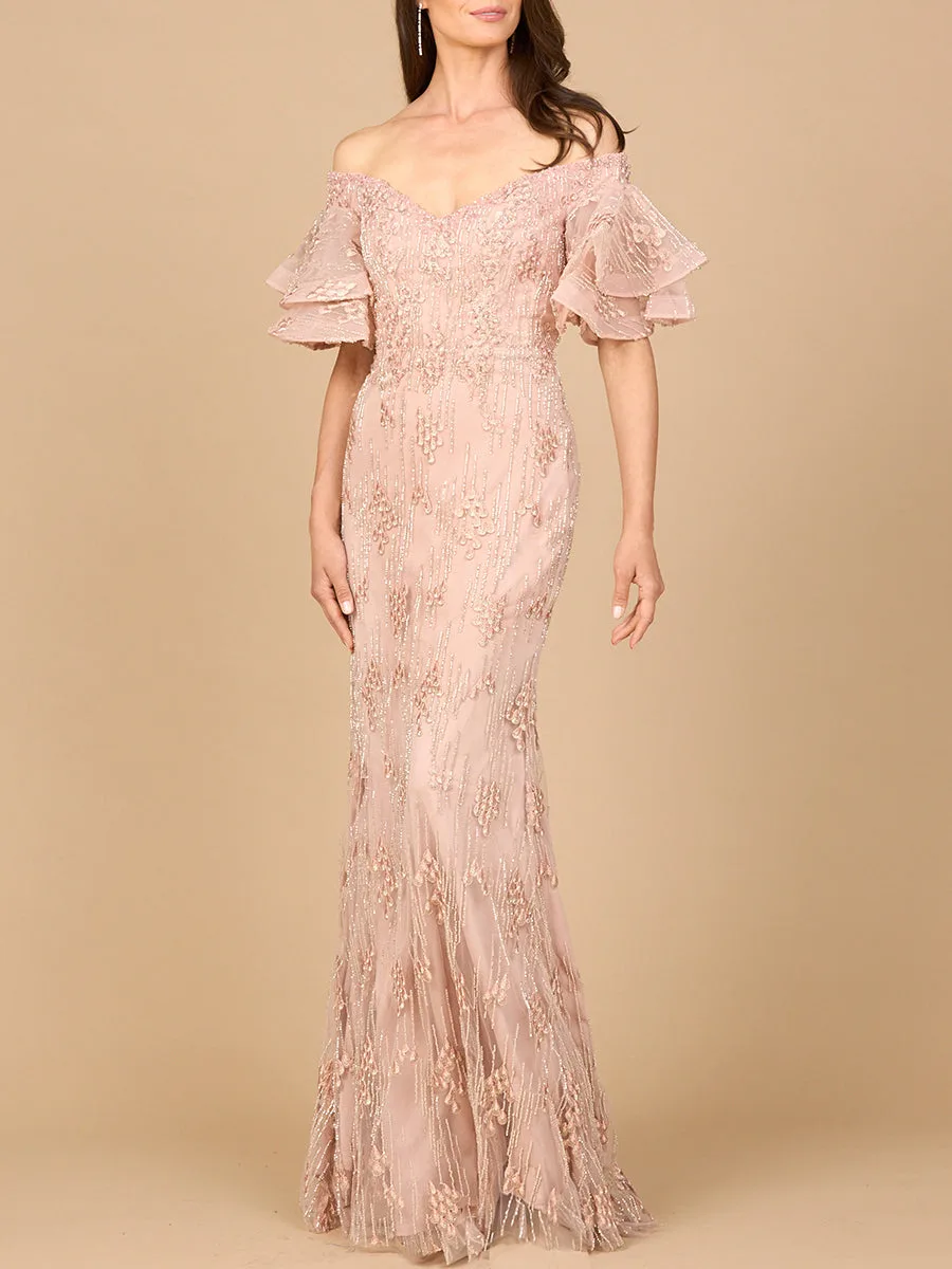 Off Shoulder Mermaid Gown with Tiered Sleeves by Lara New York — style 28935 in Champagne Rose