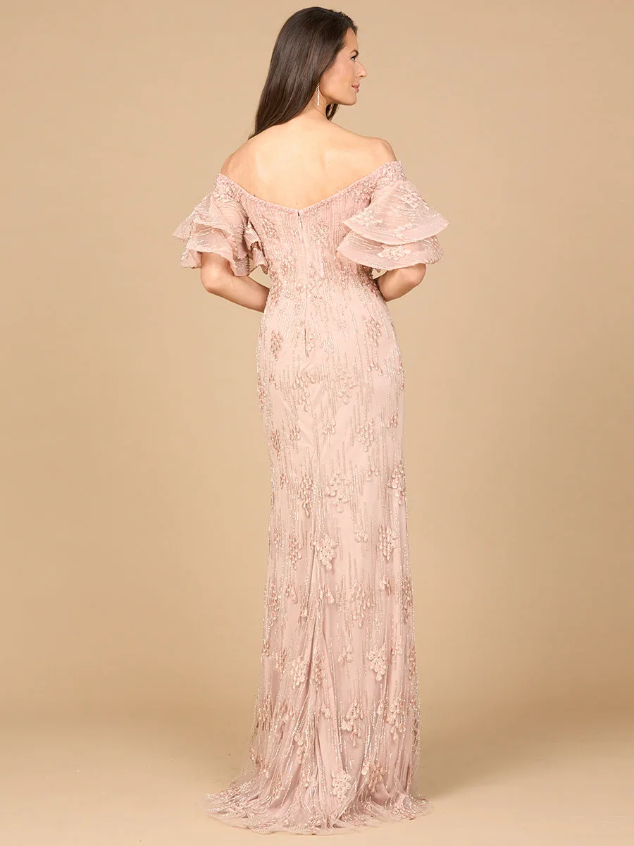 Off Shoulder Mermaid Gown with Tiered Sleeves by Lara New York — style 28935