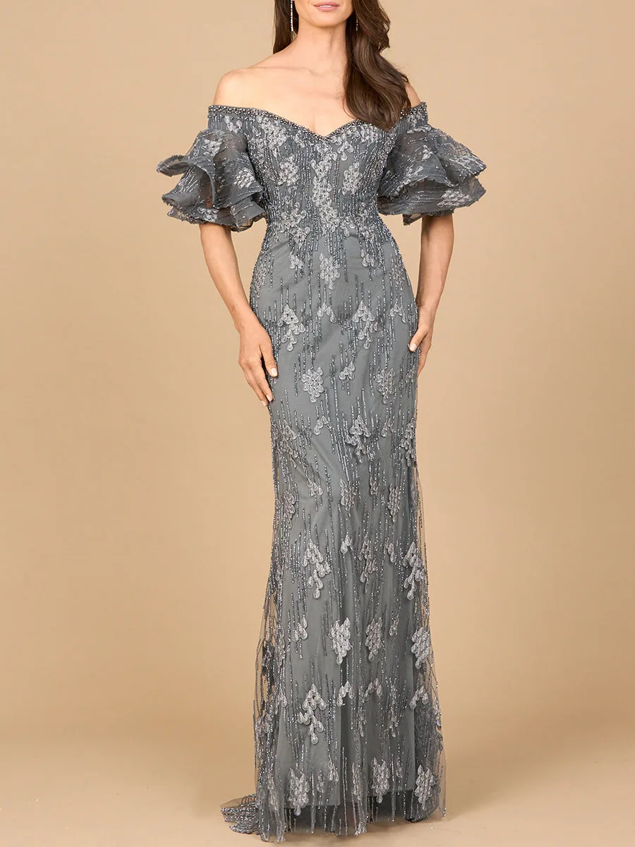 Off Shoulder Mermaid Gown with Tiered Sleeves by Lara New York — style 28935 in Gray