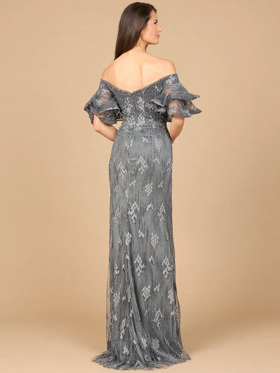 Off Shoulder Mermaid Gown with Tiered Sleeves by Lara New York — style 28935