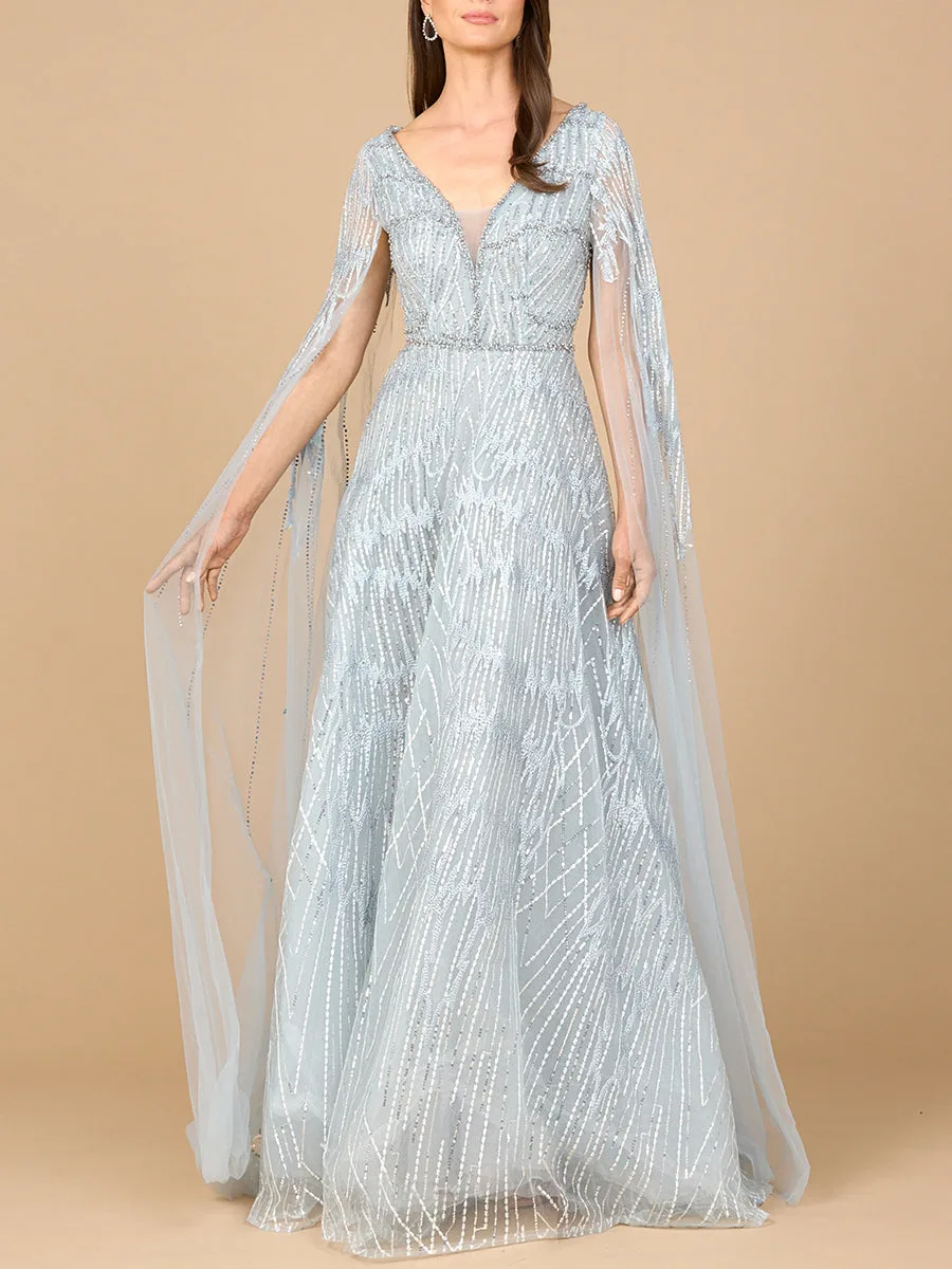 Embellished Gown with Cape Sleeves by Lara New York — style 28937 in Light Blue
