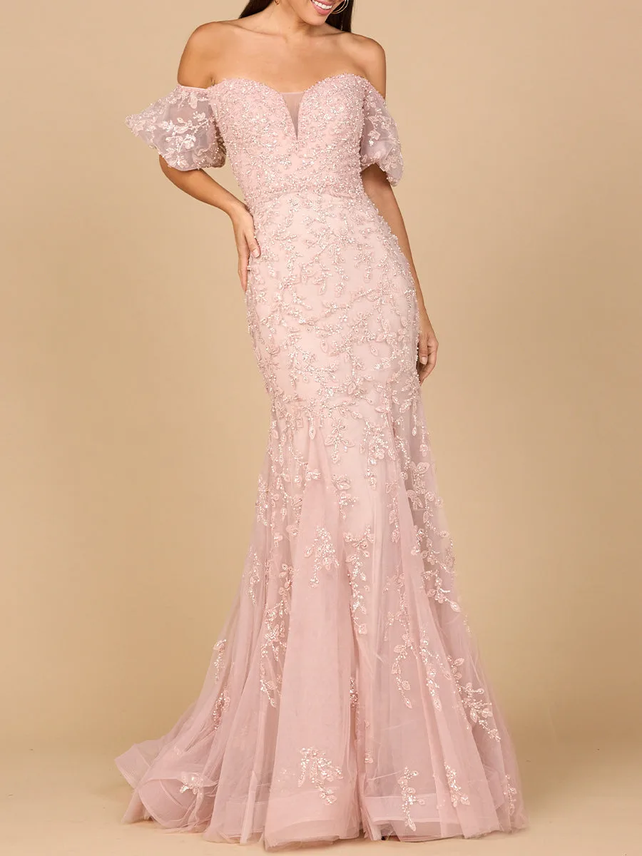 Lace, Off Shoulder Mermaid Gown by Lara New York — style 28938 in Blush