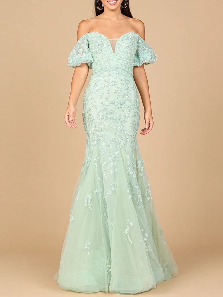 Lace, Off Shoulder Mermaid Gown by Lara New York — style 28938 in Sage