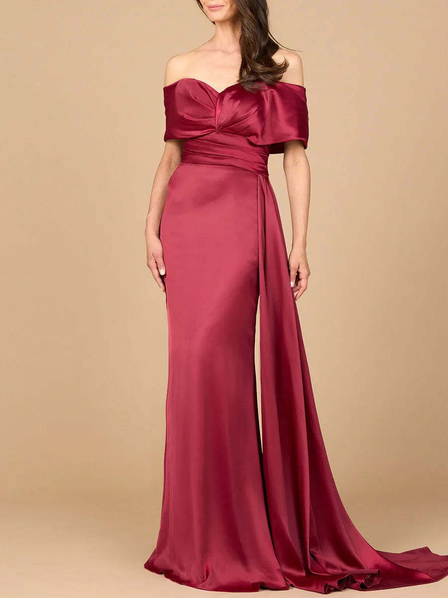 Off Shoulder Satin Dress by Lara New York — style 28945 in Dark Red