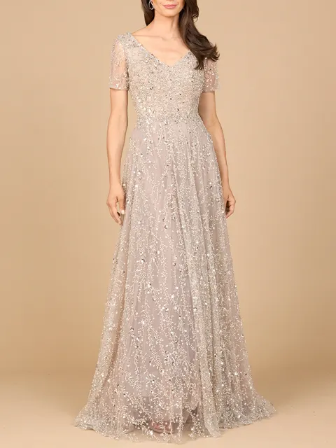 Short Sleeve V-Neck Beaded Ballgown