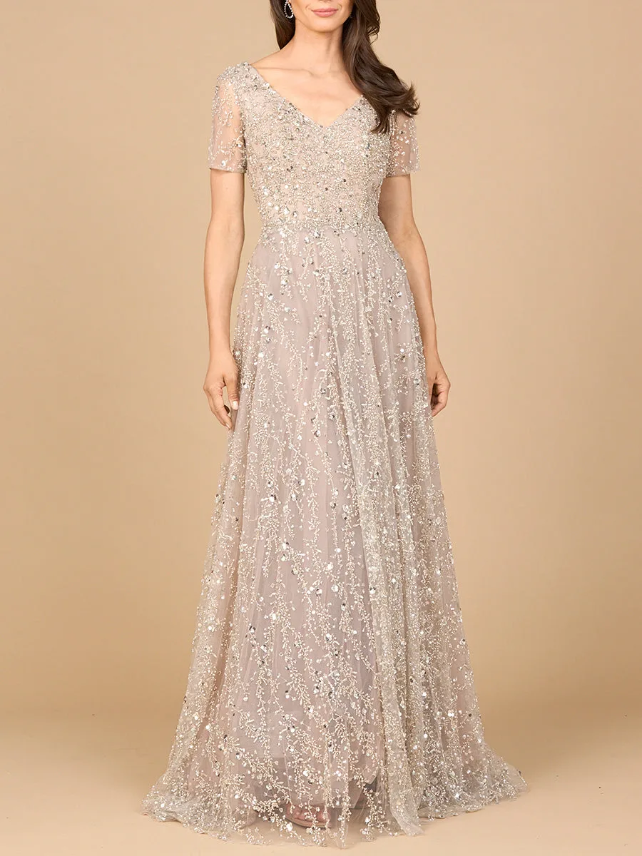 Short Sleeve V-Neck Beaded Ballgown by Lara New York — style 28958 in Dusty Blush