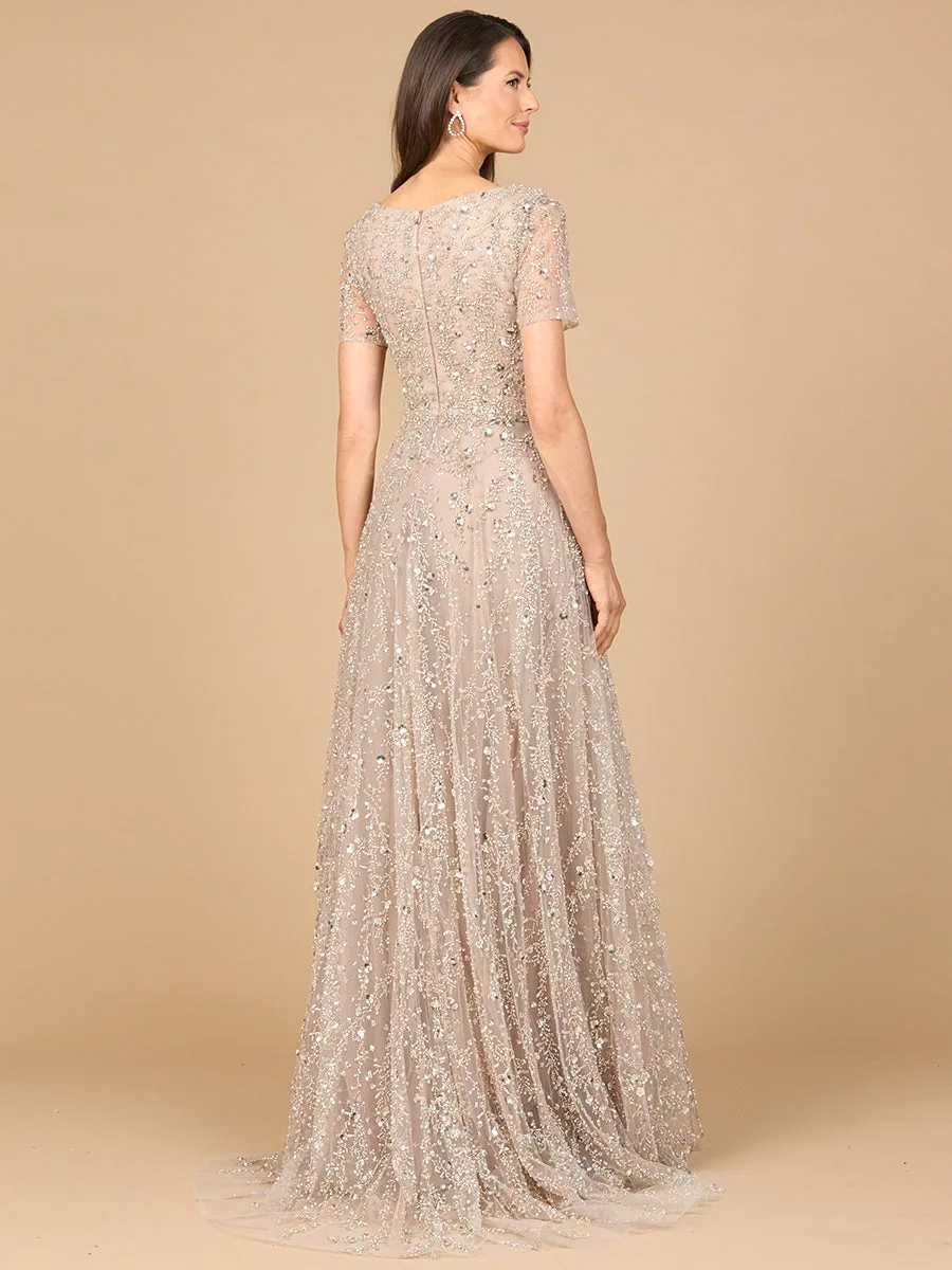 Short Sleeve V-Neck Beaded Ballgown by Lara New York — style 28958