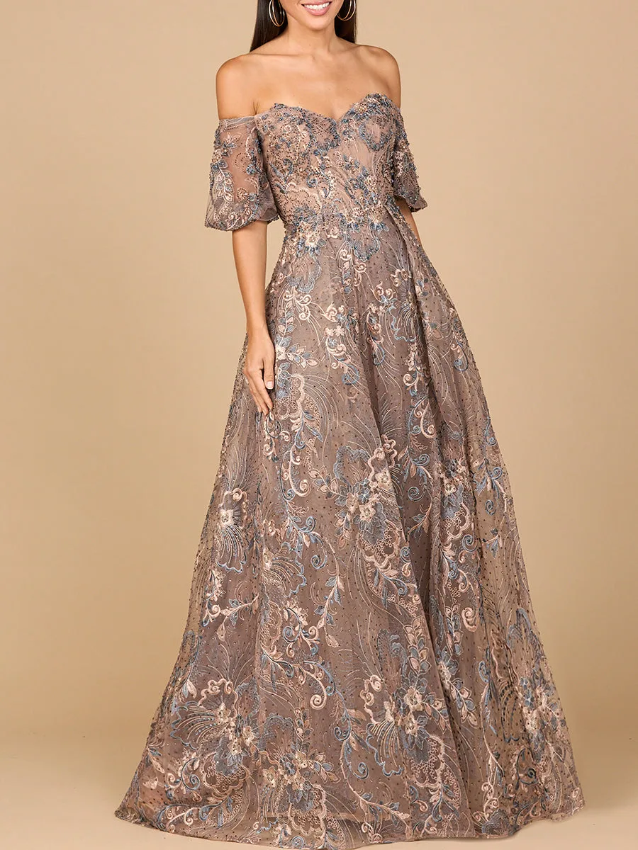 Off Shoulder Lace Ballgown by Lara New York — style 28960 in Bronze Multi